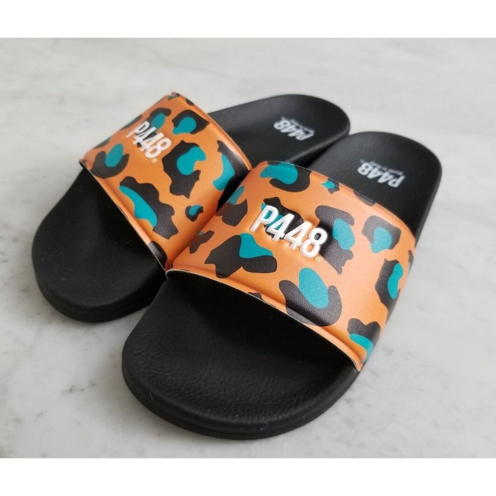 P448 Pool Slides Orange Leopard Size 6 36 New